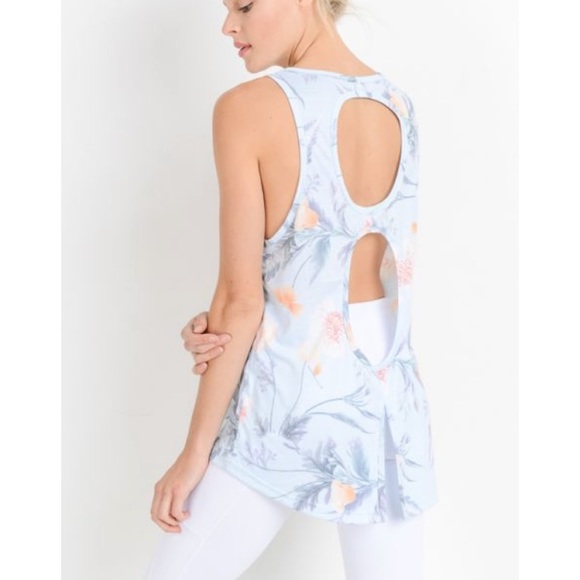 Mono B Tops - NEW Athletic Floral Open Back Tank Top Blue